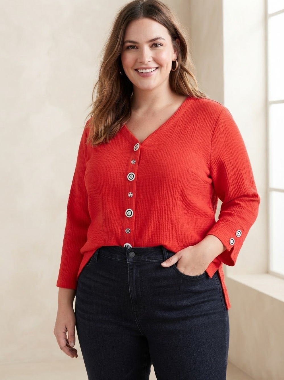 Multiples Faux Button-Front V-Neck Top in Red-Orange